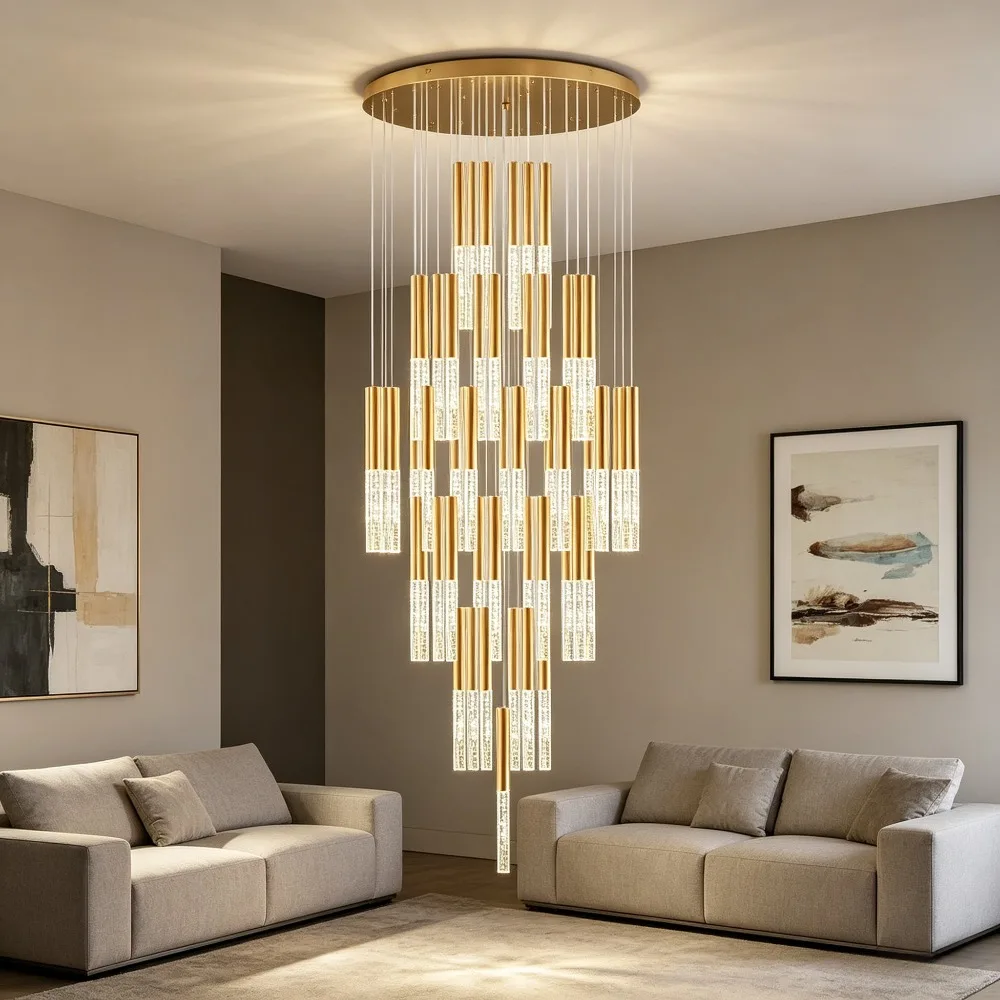 Modern LED Large Long Crystal Chandeliers Light Fixtures for Staircase Stair Lamp Luxury Hotel Villa Bedroom Hanging Lamps Loft
