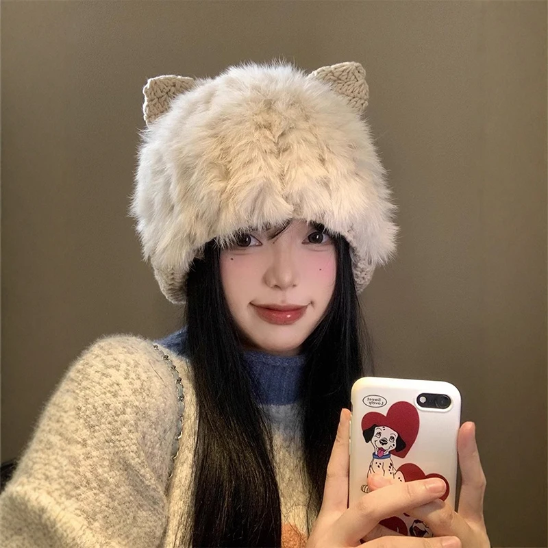 

New Trendy Cat Ear Plush Hat For Women Autumn Winter Face Small Knitting Cute Soft Breathable Warm Ear Protector Rabbit Hair Hat