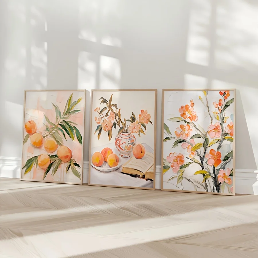 3Pcs Vintage Peach Fruit Flower Canvas Wall Paintings Rustic Style Decorative Suitable Kitchen Living Room Home Decoration