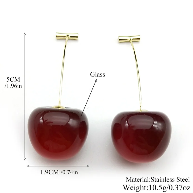 Exquisite Red Cute Cherry Pendant Drop Earrings for Women Girls Sweet Shiny Gold Color Dangle Stud Earring Daily Jewelry Gift
