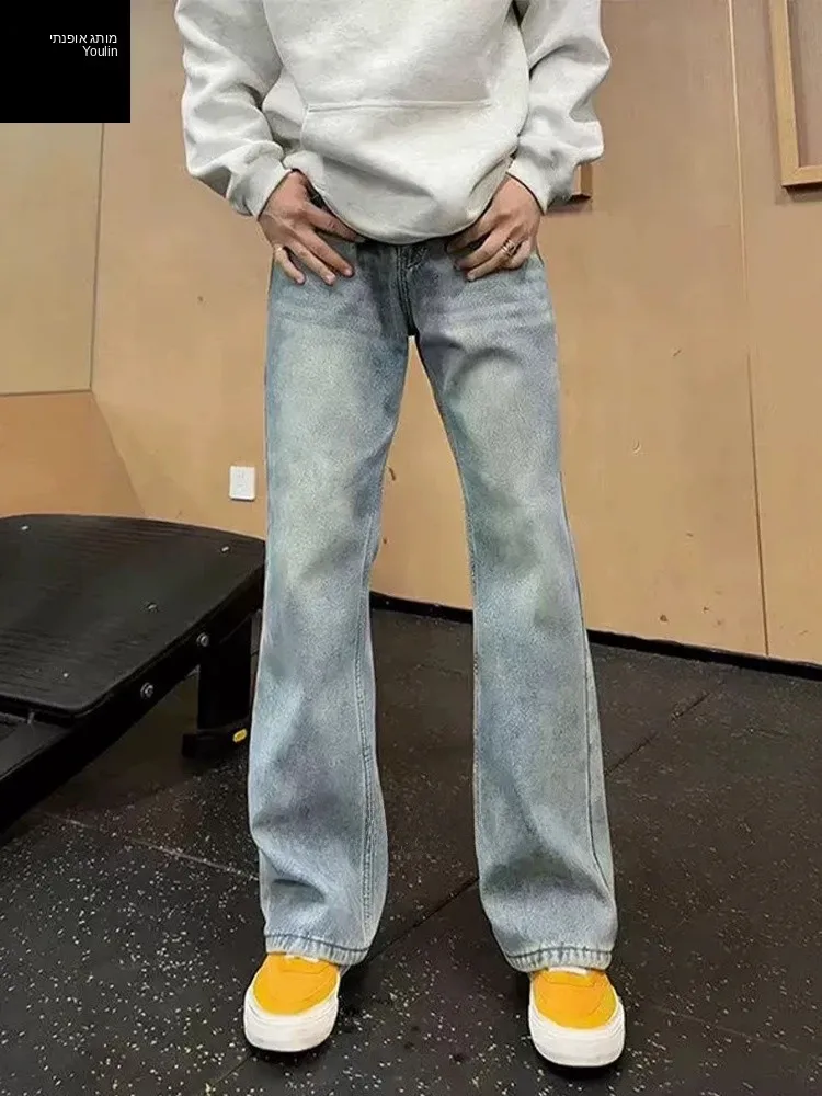Retro Blue Flared Jeans Men's Winter Fleece Slim Straight Leg Lengthening High Waist American High Street Style Jeans