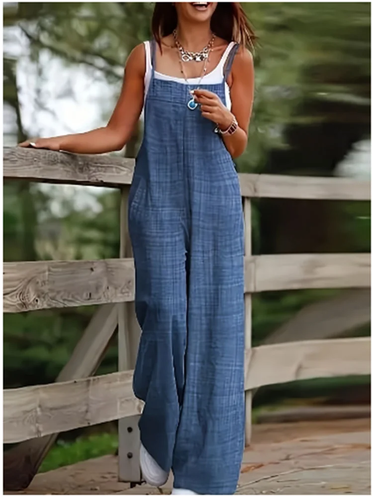 

Summer Pocket Solid Color Suspender Jumpsuit Women Loose Sleeveless Splicing Fashionable Blue Jumpsuit