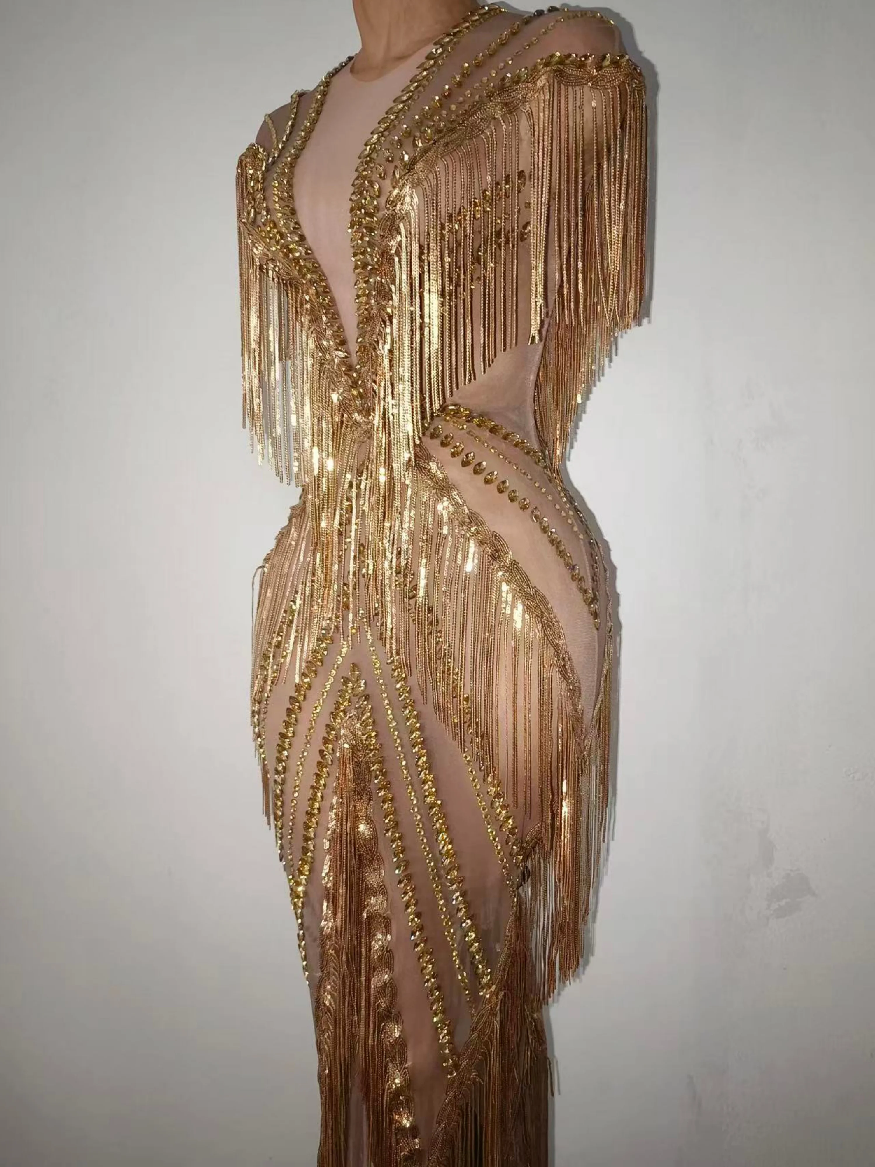 Sexy funkelnde Diamanten Pailletten Fransen Luxus Overall Gold ärmellose Mesh Performance Tanzkostüm Nachtclub Perform Kostüm