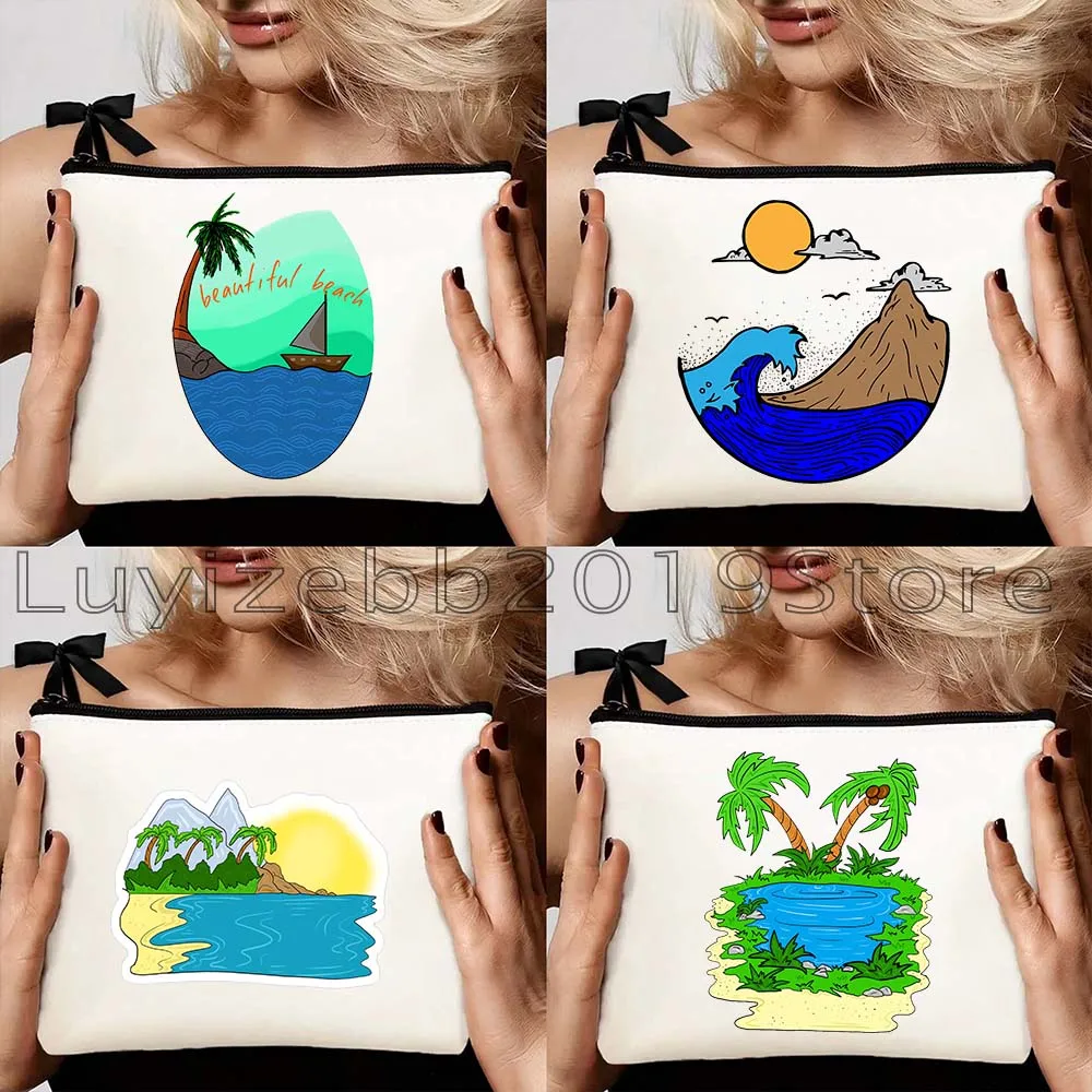 Ocean Waves Sunshine Beach Sunset Sunrise Landscape Palm Trees Watercolor Painting Canvas Cosmetic Travel Makeup Bag Case Pouch