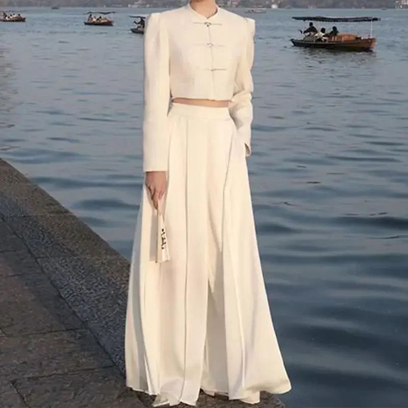 Lnsozkdg Newest Fashion Designer Suit Set Women Chinese Style National Wind Coil Buckle Blazer Pleated Loose Pants 2pcs