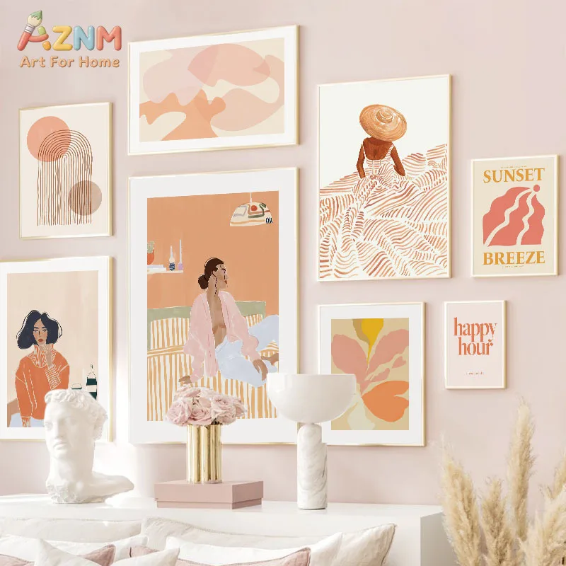 AZNM Warm Pink Terracotta Boho Canvas Wall Art Abstract Woman Figure Sunset Letter Print Mid Century Modern Minimalist Living Ro