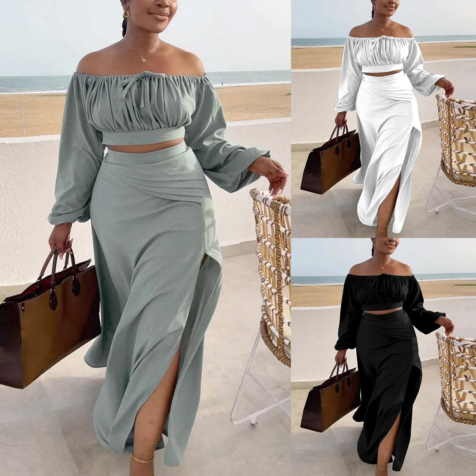 Women'S Solid Color Sexy Skirt Set Long Sleeve Pleated Chest Top And Split Hip Skirt 2 Pieces Elegant Fashion Beautiful Suit