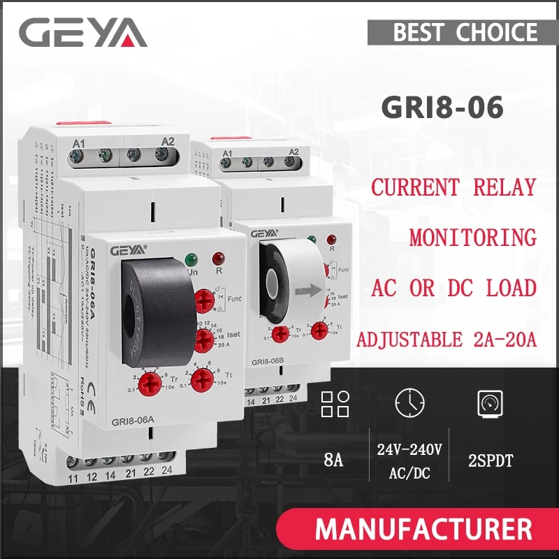 Image of GEYA GRI8-06 DC-Stromsensorrelais 18mm Breite 2CO 8A AC/DC-Stromprüfrelais 24V-240V Weitbereich