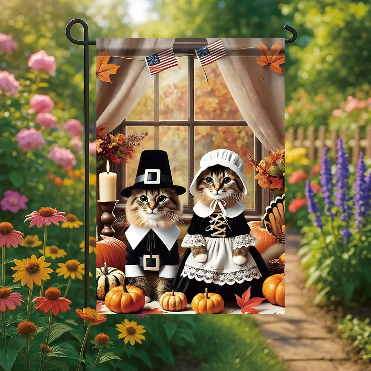 Thanksgiving Garden Flag 12x18 Inch Pilgrim Cats with Pumpkins and Fall Decor American Flags Autumn Seasonal Outdoor Yard Po yyi