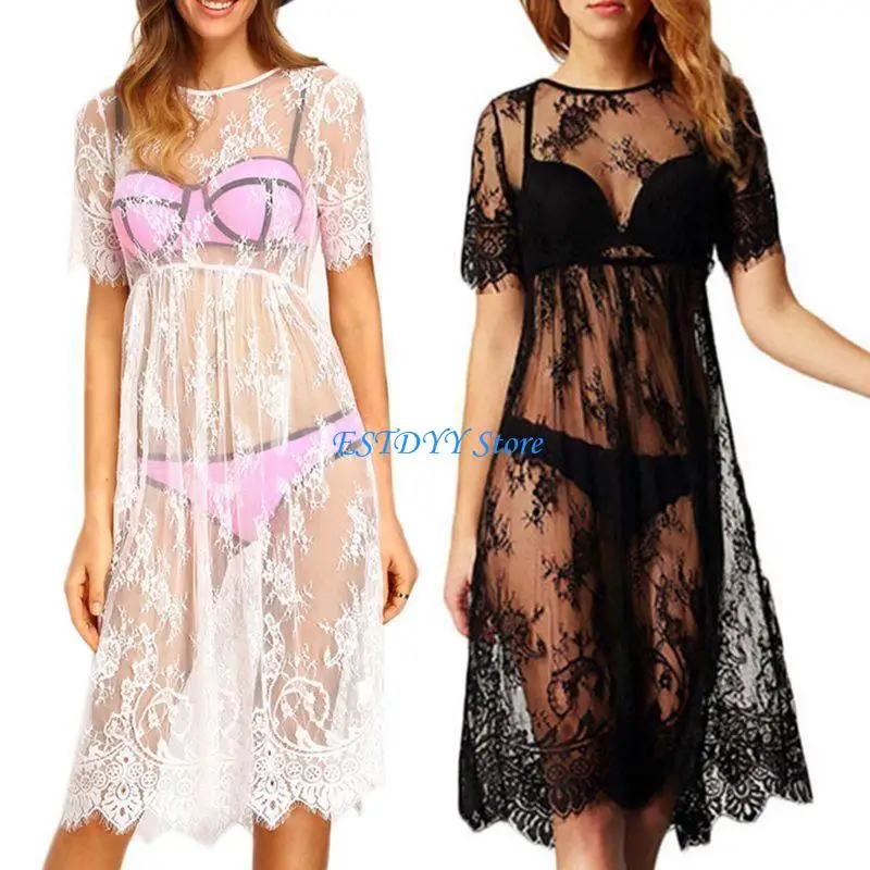 G6DE Women Summer Short Sleeve Swimsuit Cover Up Sexy Hollow Out See-Through Eyelash Floral Lace Loose Beach Dress