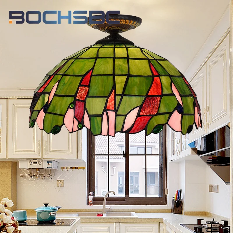 BOCHSBC Tiffany stained glass 16inch green bead overhead lamp chandelier for dining room bedroom hallway ceiling light LED decor