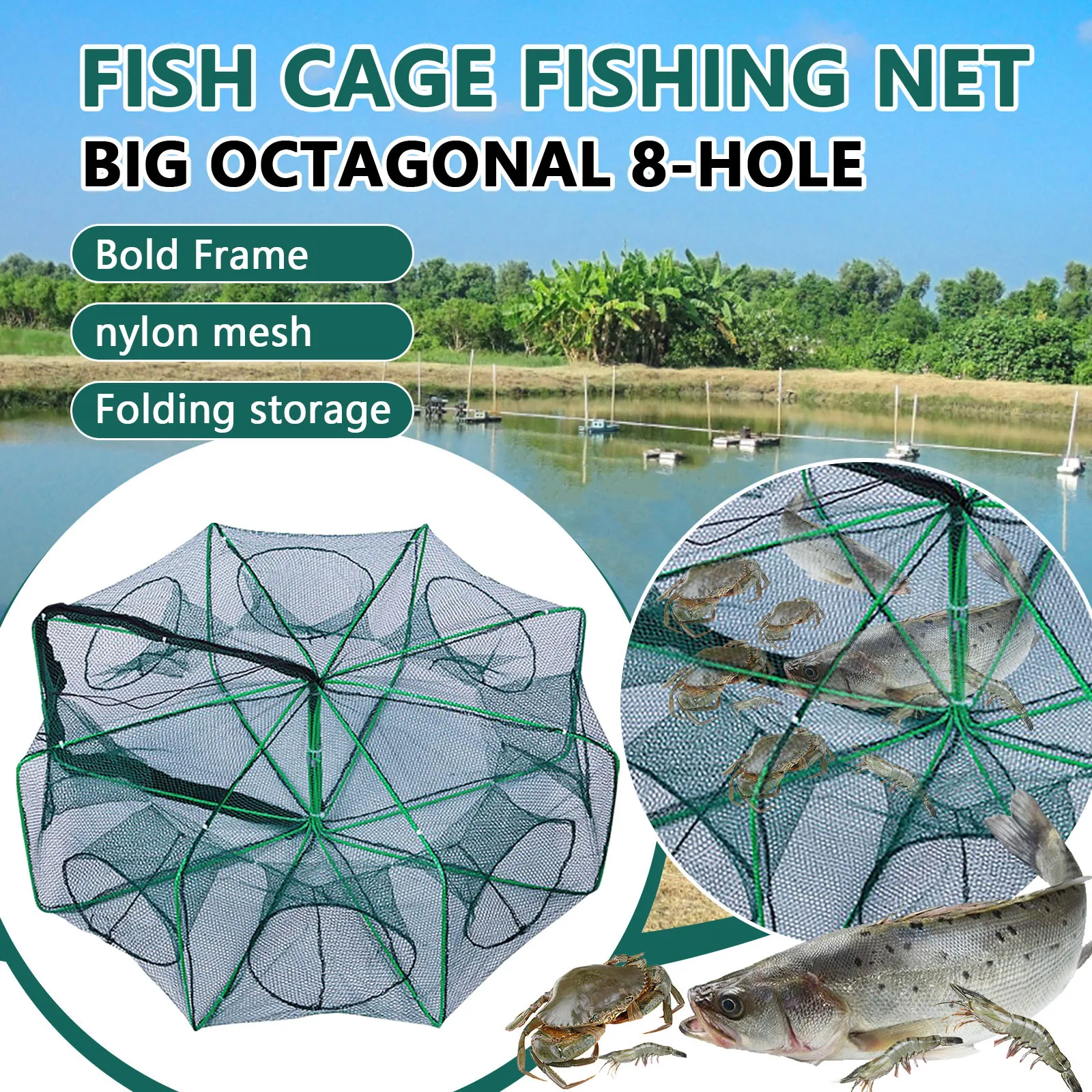 Jaula de langosta plegable 2025, nuevo estilo, trampa de pesca, kit de herramientas de pesca, peces, camarones, cangrejos, red de pesca, material de nailon