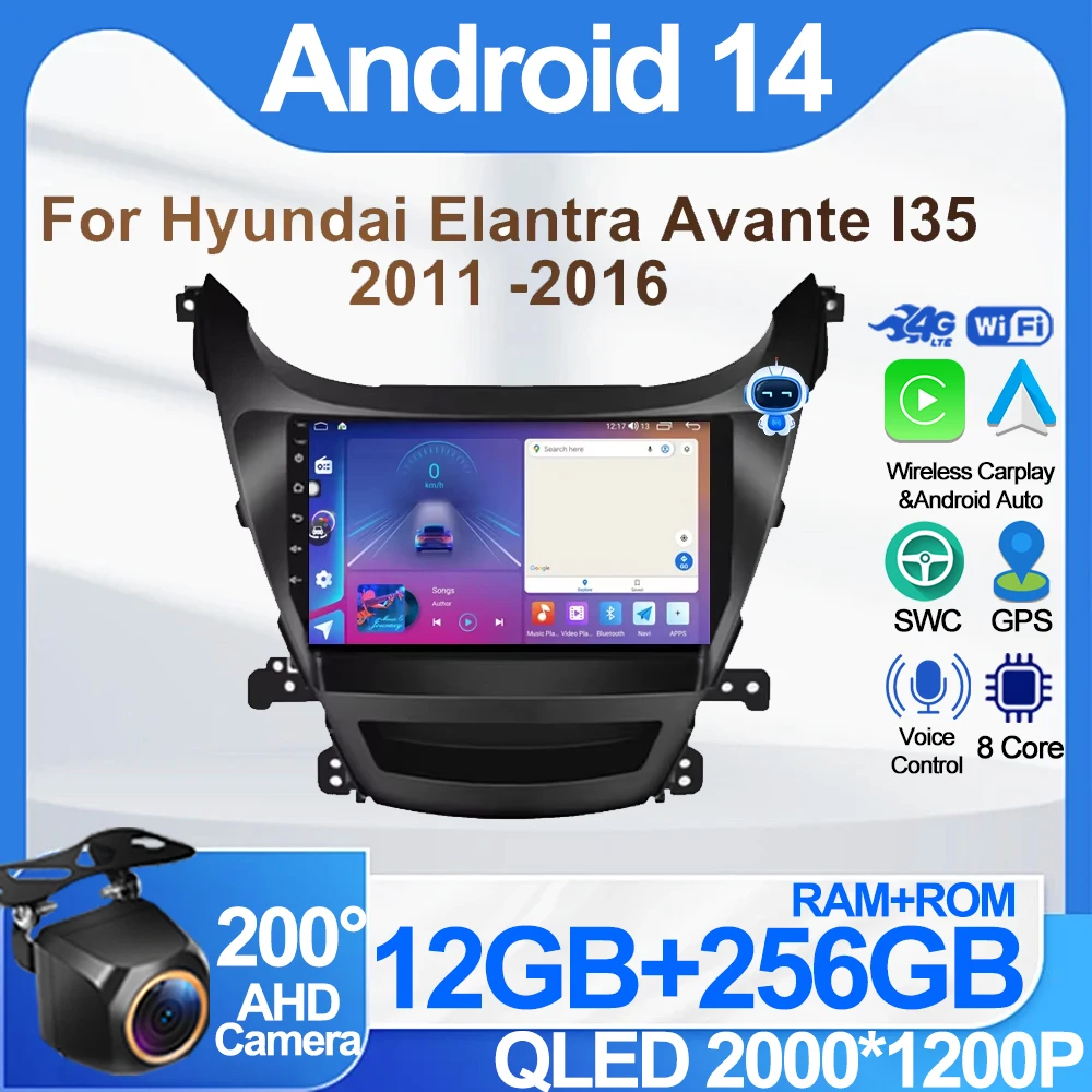 Android 14 For Hyundai Elantra Avante I35 2011-2016 Car Multimedia Player 2din GPS Navigaion CarPlay Car Radio Touch Screen