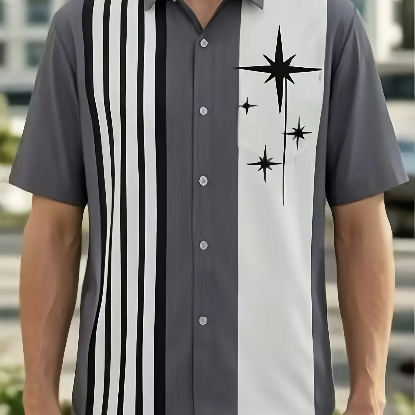Hawaii Contrast Stripe Star Full Print Men Loose Short Sleeve Shirt Soft Breathable Beach Holiday Camisa