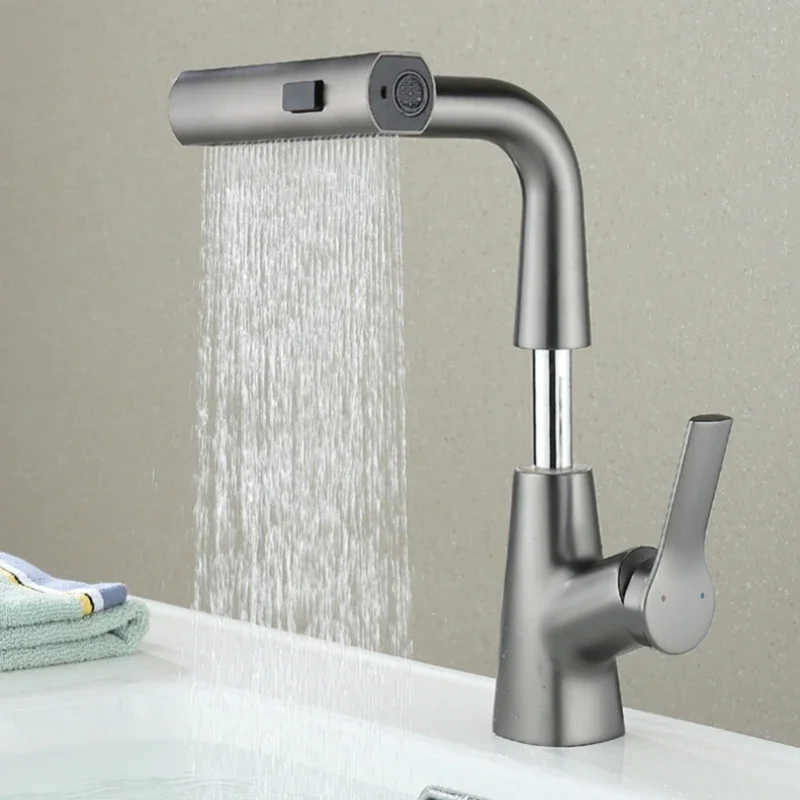 Lift basin faucet mixer 360 ° rotatable bathroom faucet stainless steel kitchen sink faucet with pull out sprayer