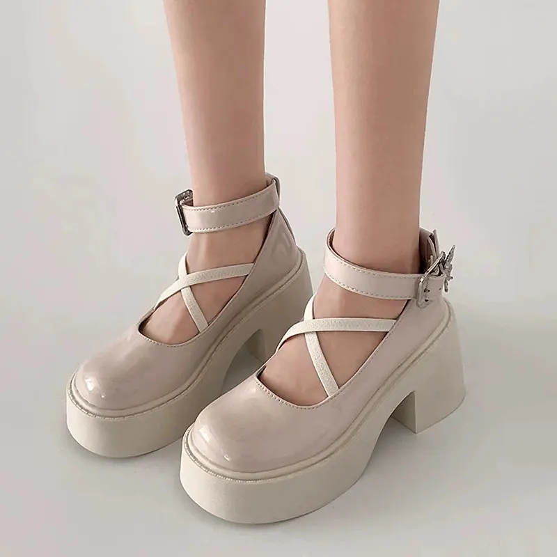 Metal ankle buckle High Heels Women Y2K Lolita shoes Chunky Platform Mary Jane Shoes Woman Thick Heel Gothic JK uniform shoes