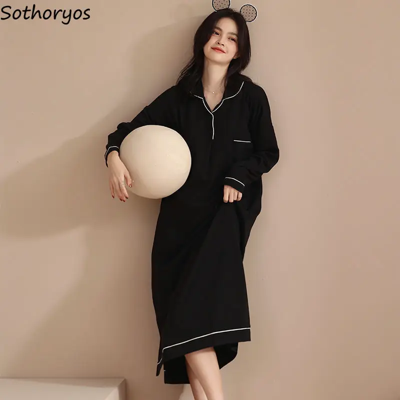 

Black Straight Long Sleeve Nightgowns Women Fashion Mature Popular Harajuku Elegant Sleepwear Soft Tender Midi Nightdress Spring