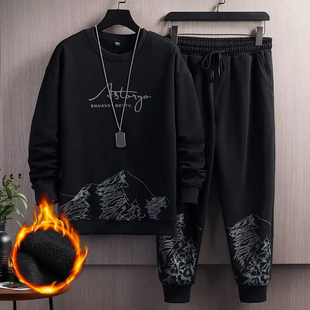 1 Set Men Tracksuit Plush Skin-touch Keep Warm Ribbed Cuff Sweatshirt Lace-up Sweatpants   Men Sweatsuit Set  Men Clothing