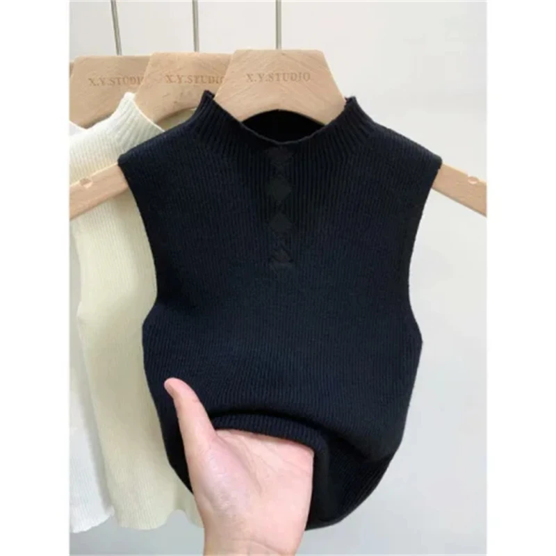 Women Korean Fashion Half High Collar Hollow Solid Basic Knitted Sweater Vest Female Elegant Sleeveless Slim Pullover Tank Tops