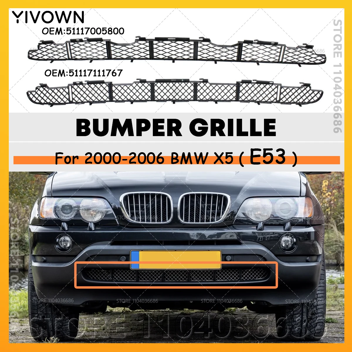 

For 2000 2001 2002 2003 2004 2005 2006 E53 BMW X5 3.0i 4.4i 4.6is Front Lower Bumper Grille Grid Mesh 51117005800 51117111767