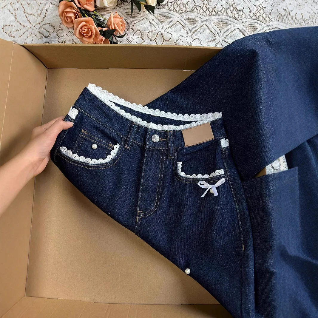 Retro Solid Denim Pants  Women Spring Autumn Sweet Lace Bow Jeans Female Fashion Style Straight Loose Wide Leg Pants