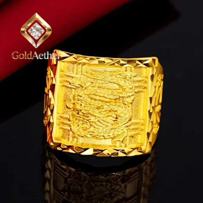 

GoldAether 9999 24K Real Gold Ring, Domineering Dragon Pattern Boss's Good Luck Ring, Men's and Women's Dragon Head Ring Father'