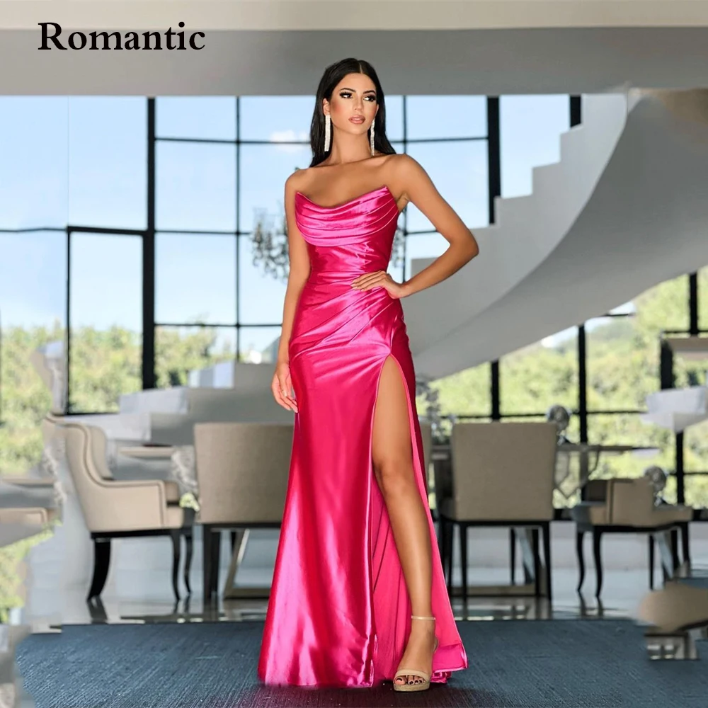 

Romantic Evening Dresses A Line Light Pink Satin Sexy Side High Silt Party Dresses Sweetheart Sleeveless Saudi Arabia Prom Gowns