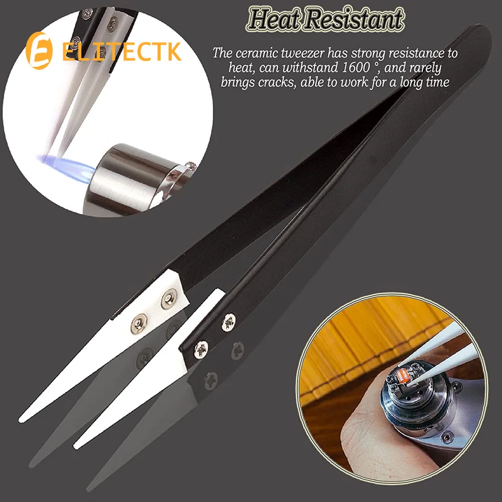 3 Pack Ceramic Straight Tip Electronic Soldering Tweezers, Anti-Static Reverse Acid Resistant Precision Chuck Ceramic Tweezers