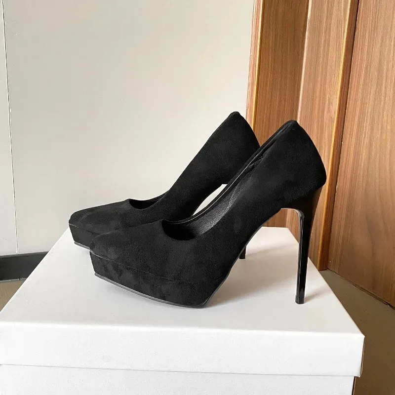 Super High Heel Single Shoes Autumn New Pointed Toe Shallow Suede Simple Platform Stiletto Heels