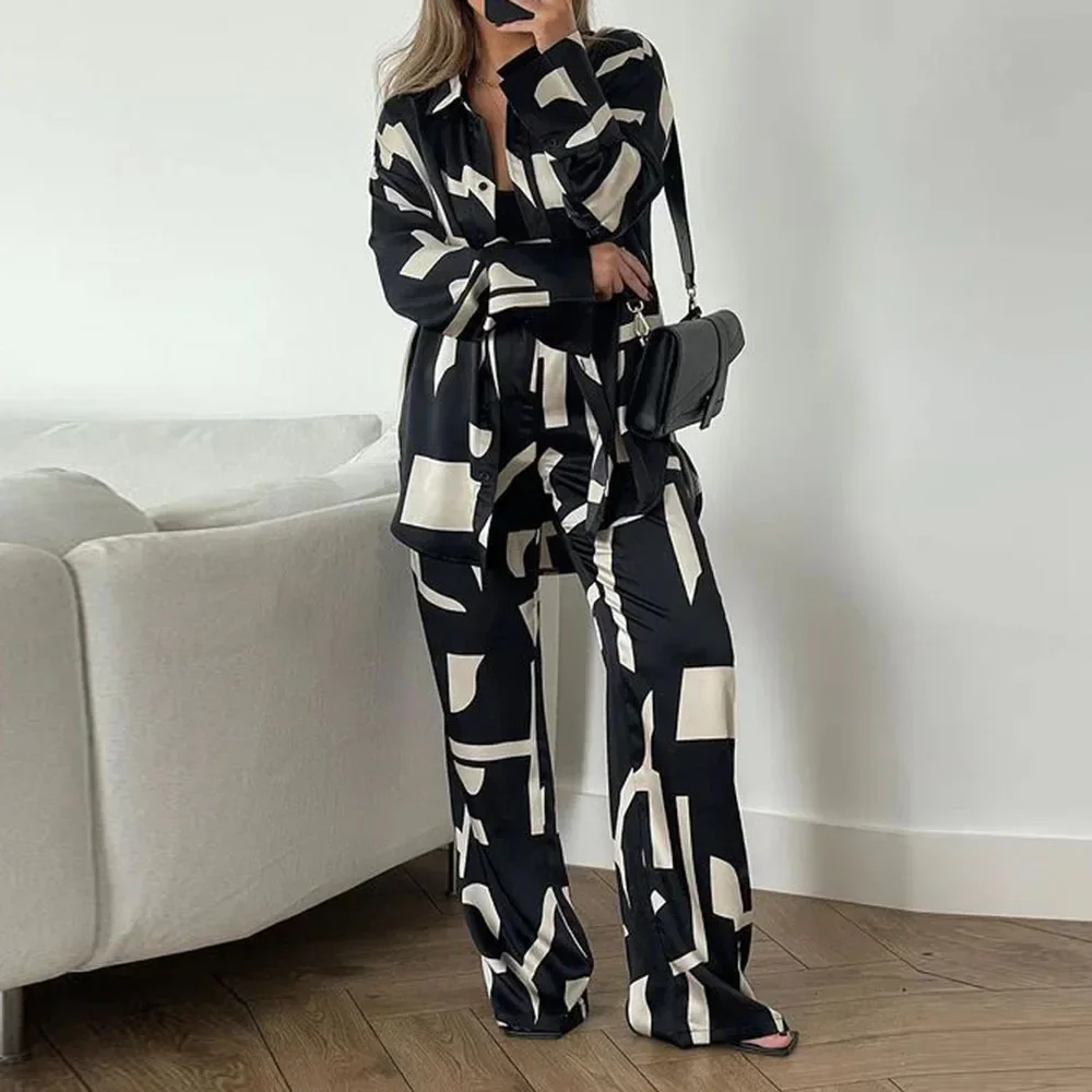 

Women Elegant Pant Sets Print 2 Piece Set Long Sleeved Top Loose Straight Leg Pants Suit Streetwear Blouse Shirt Autumn Summer