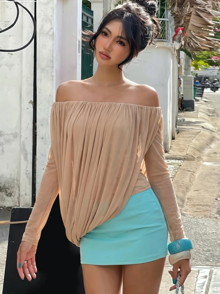Elegant Slash Neck Ruffles Mesh T-shirts Wome Evening Party Tops Female Off Shoulder Long Sleeve Irregular Tee Shirt Streetwear