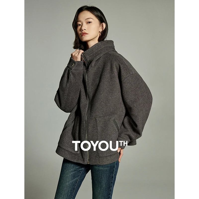 

Toyouth Women Woolen Coat 2023 Winter Long Sleeve Loose Thickened Hooded Cardigan Large Pocket Fashion Casual Dark Gray Tops