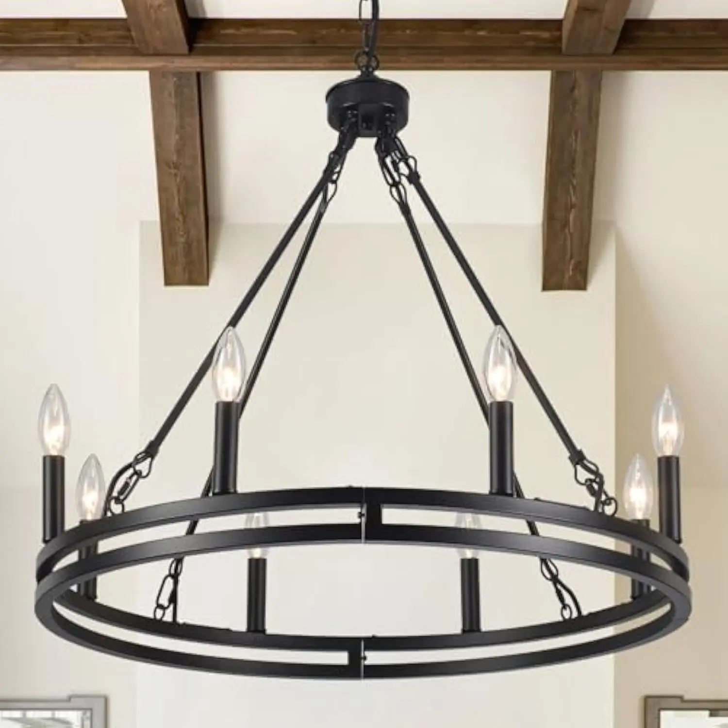 

Wagon Wheel Chandelier, 25'' 8 Light Black Farmhouse Chandeliers for Dining Room Light Fixture, Round Industrial High Ceiling C