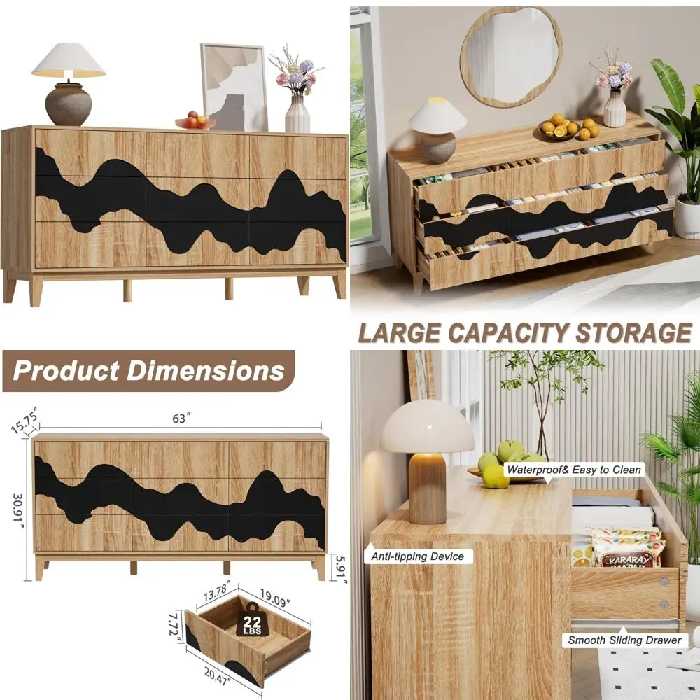 

mid-century 63" long wooden dresser with 9 drawers and stream pattern for bedroom storage