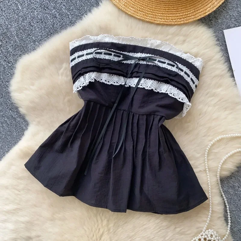 Koreaanse strapless borduurblouse vrouwelijke strik slanke geplooide hotsweet top streetwear backless bohemien vakantie hemdje