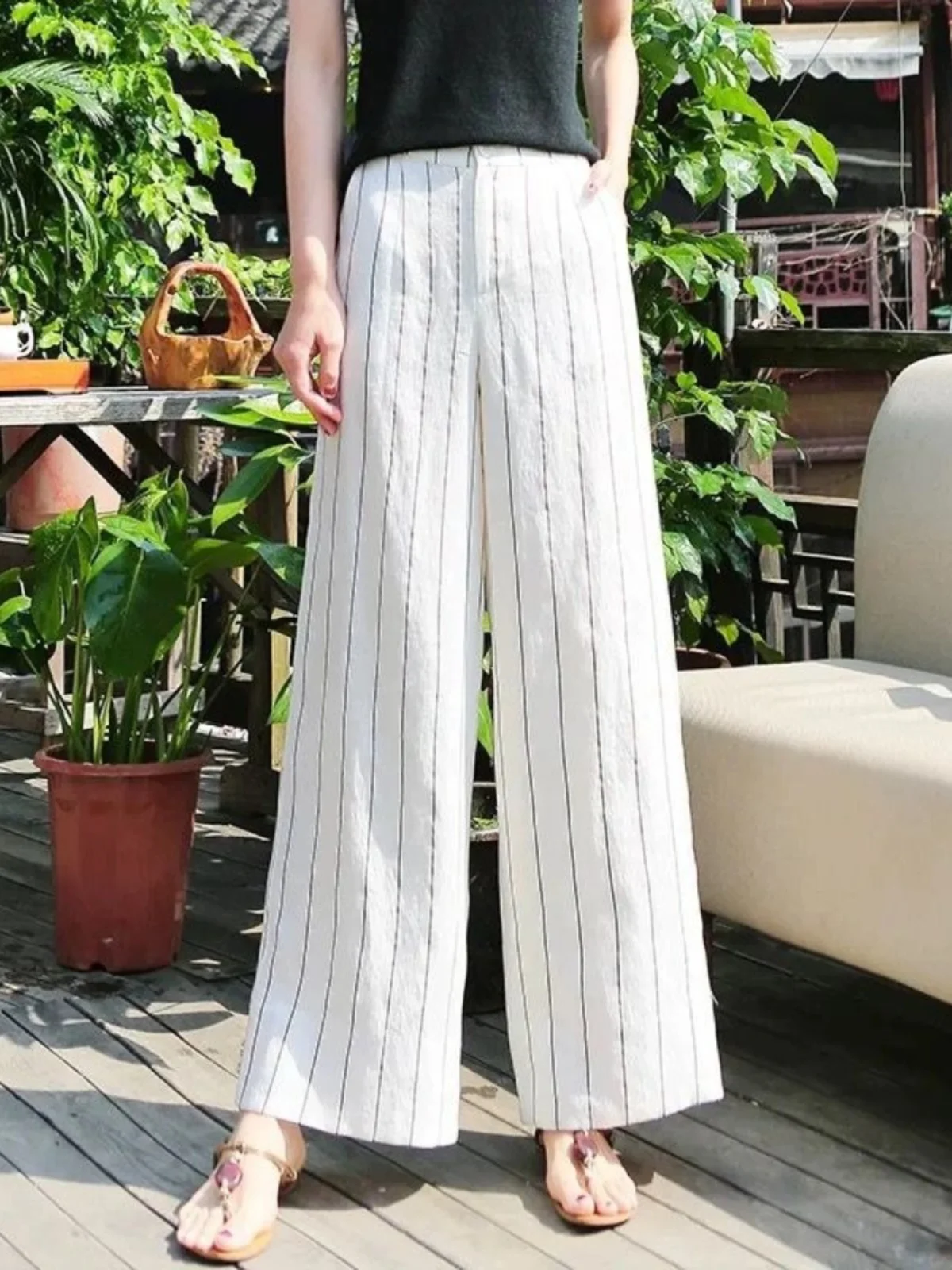 

High Waist Wide Leg Pants Women's Summer Korean Artistic Slimming Drapey Cotton Linen Casual Long Trousers Vertical Stripes