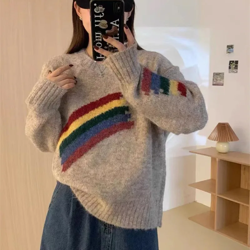 

Вязаный женский свитер, корейская зимняя одежда, модные свободные осенние джемперы для отдыха, Радужный женский пуловер с длинными рукавами