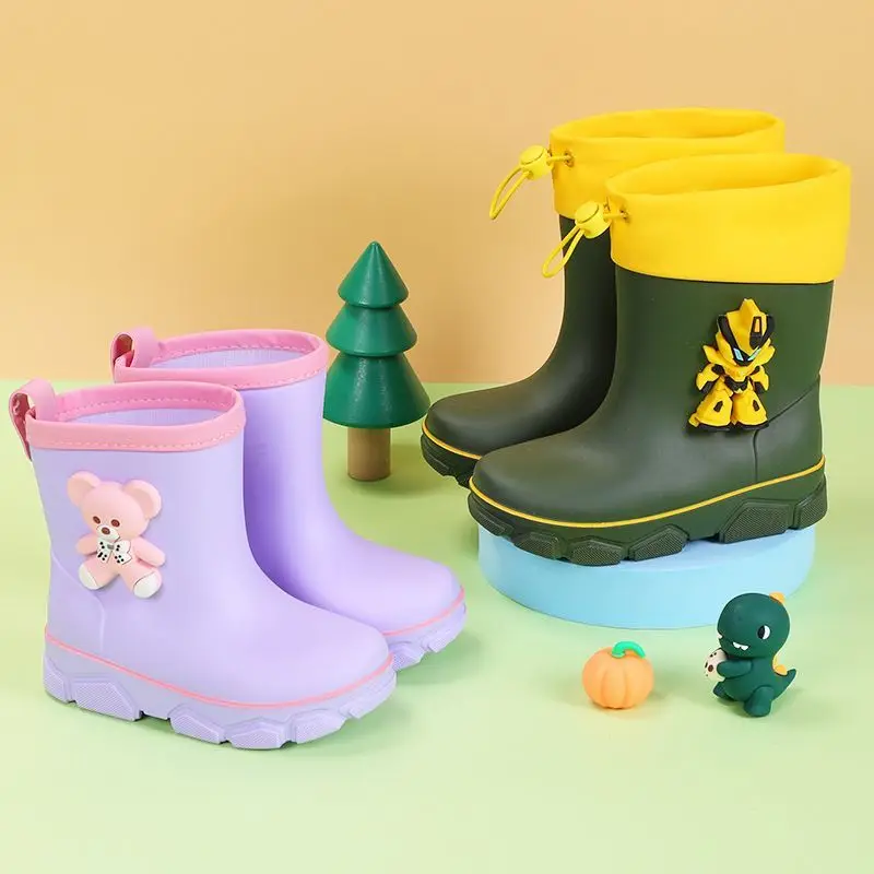 Kids Waterproof Rain Boots Cartoon Print Warm Lined Non Slip Mid Calf Rubber Shoes for Boys Girls Age 2-9