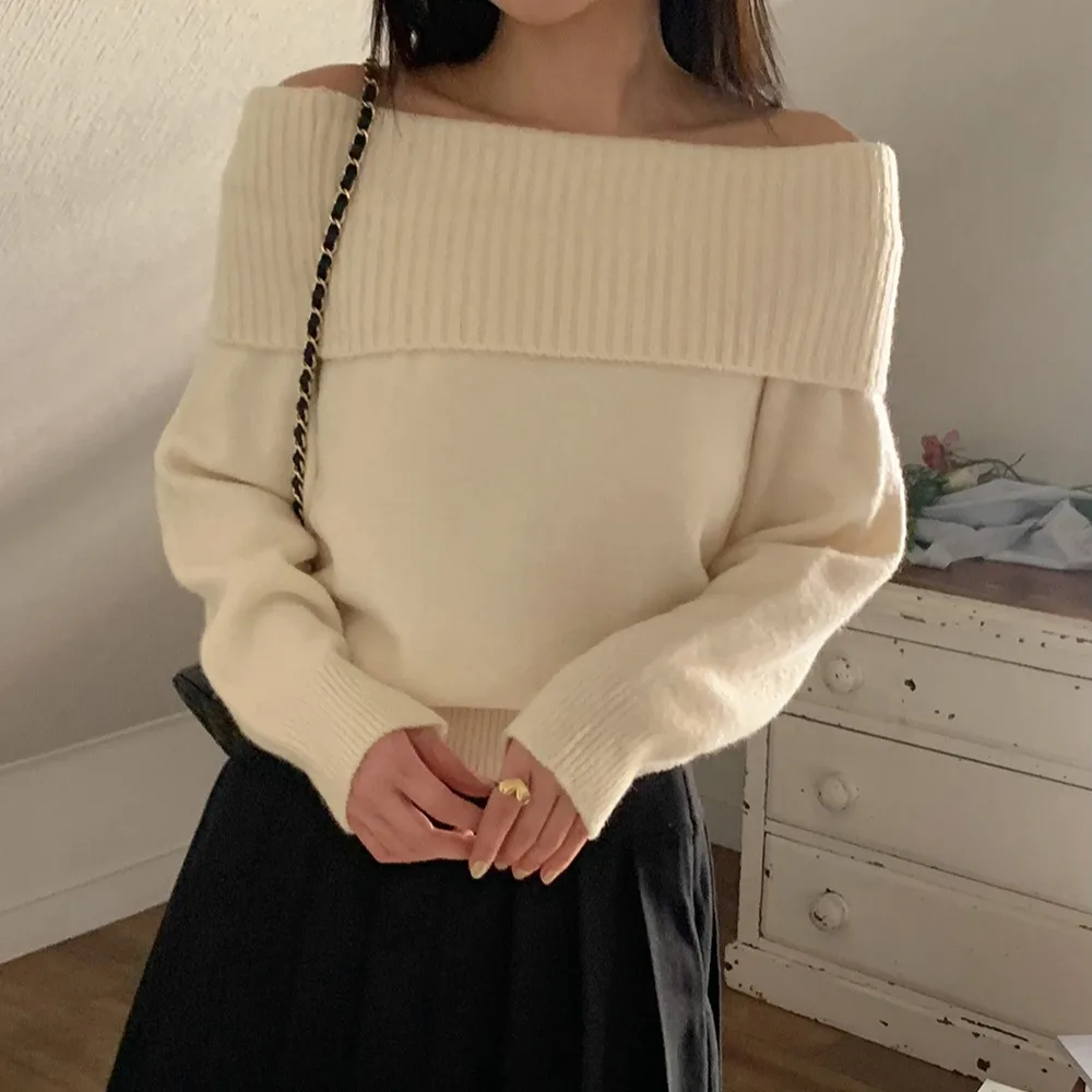 

Сексуальный вязаный свитер с колючками и плечами, тонкий осенне-зимний однотонный пуловер для свиданий и поездок на работу, корейский прямой крой