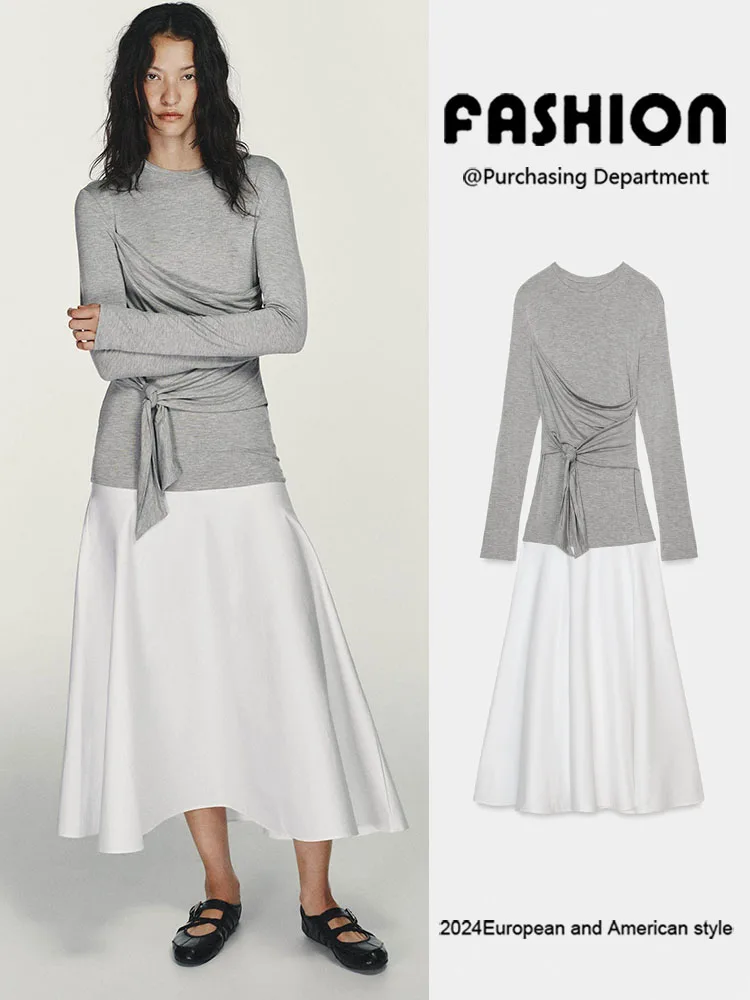 

Spring New Arrival Women's Dress Elegantly Versatile Knot Splicing Midi Dress Fashionable Ethnic Style Stage Costume