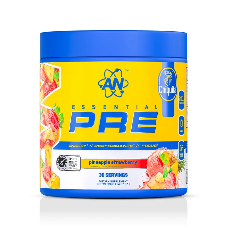 Supps Essential PRE, Polvo Pre-Entrenamiento con Sabor a Piña y Fresa, 200 mg de Cafeína, Sin Azúcar, Vegano, Sin Gluten ni Soya, Sabor Natural Chiquita