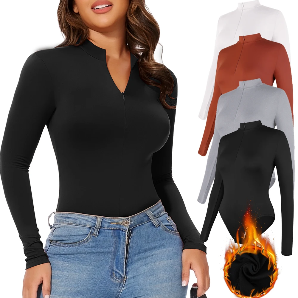 Zipper Stand Collar Bodysuit Women Long Sleeve Brushed Winter Bottoming Clothes Sexy Streetwear Body Shaper Bodysuit Flat Belly