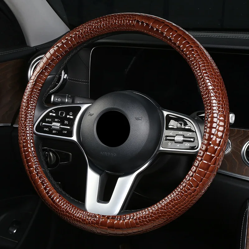 Universal Car Steering Wheel Cover Crocodile Pattern Faux PU Leather Non‑slip Sweat Absorption Comfort Grip Auto Interior