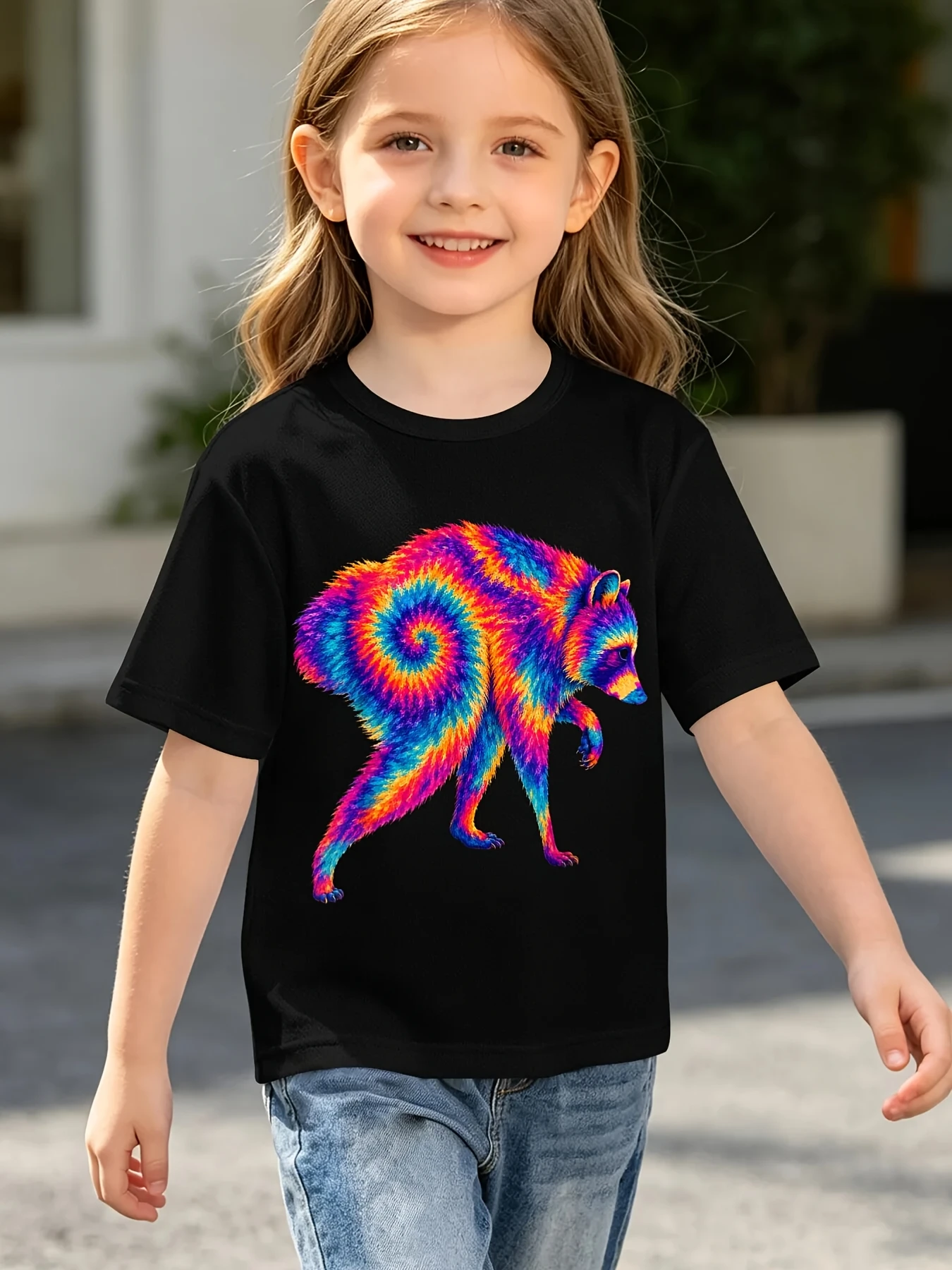 Tie Dye Rainbow Raccoon Print T Shirt Boys Girls Colorful Animal Short Sleeve Tee Family Matching Kids Casual Cotton Daily Tops