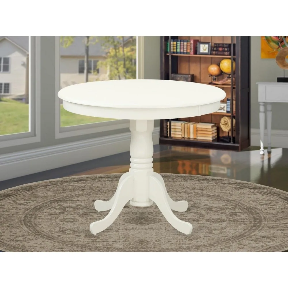 Furniture ANT-LWH-TP Antique Dining Room Table - a Round kitchen Table Top with Pedestal Base, Linen White