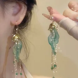 Blue Color Leaf Long Tassel Earrings for Women Fashion Personality Cute Summer Daily Accessories Party Jewelry Birthday Gift