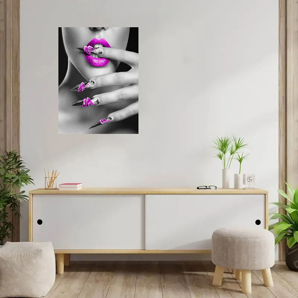 Elegant Woman with Purple Lips & Nails - Frameless Canvas Wall Art, Chic Makeup & Nail Design Poster for Spa, Bathroom, Beauty S