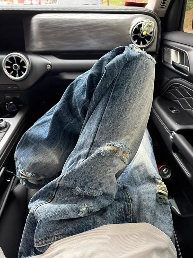 กางเกงยีนส์เดนิมทรงขาบานสไตล์เรโทรอเมริกันลายสายฟ้า สำหรับผู้ชายและผู้หญิง  แบบลำลองสำหรับคู่รัก