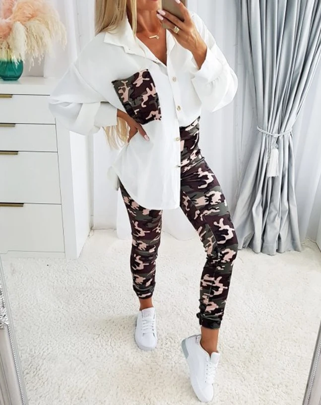 Camouflage Printed Pocket Design Shirt and Pants Set, The Latest Best-Selling Fashion for Women, Gorgeous and Extraordinary