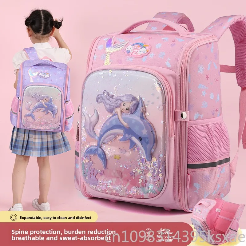 Disney Cute Mermaid Backpack Lightweight School Bag with Spine Protection Elementary Student Bookbag for Girls Boys Grade 1-6